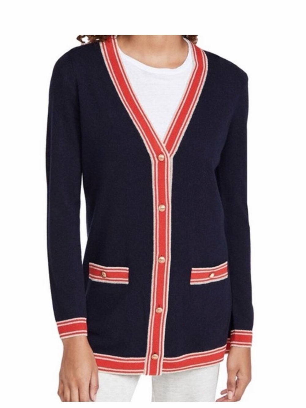 L'AGENCE cashmere Navy Cardigan with Red and Cream Stripe Trim